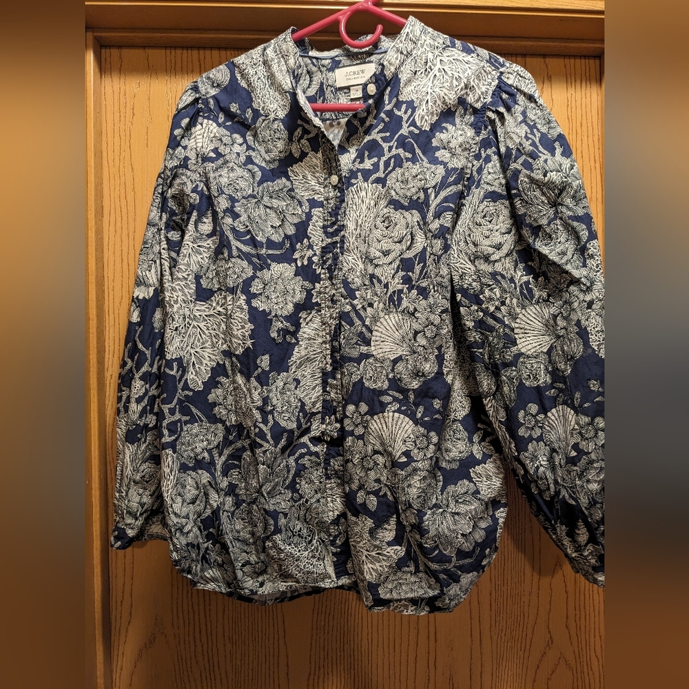 J. Crew Navy Blue and White Floral Button-Down Shirt